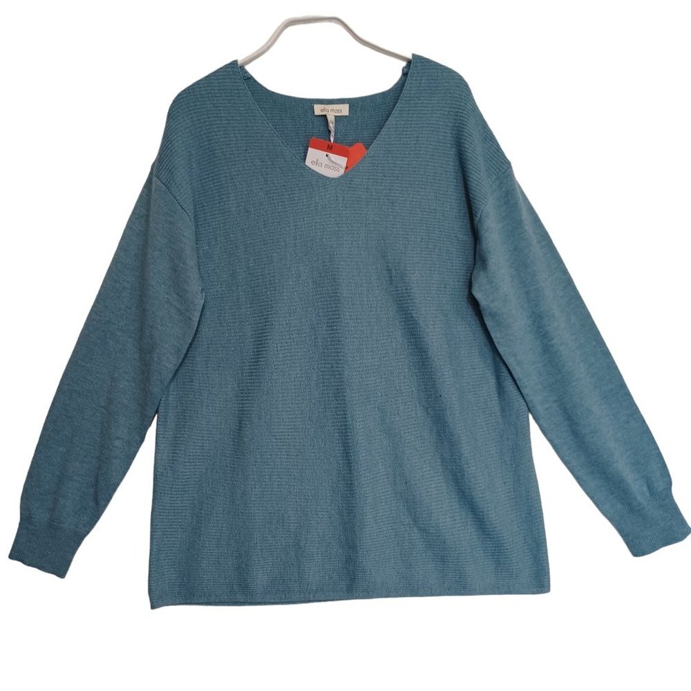 Ella Moss Sweater Womens Medium V Neck Long Sleeve Ribbed Knit Blue Pullover NEW